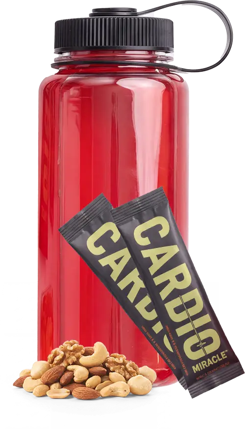 A red water bottle with two Cardio Miracle drink sticks and a pile of mixed nuts