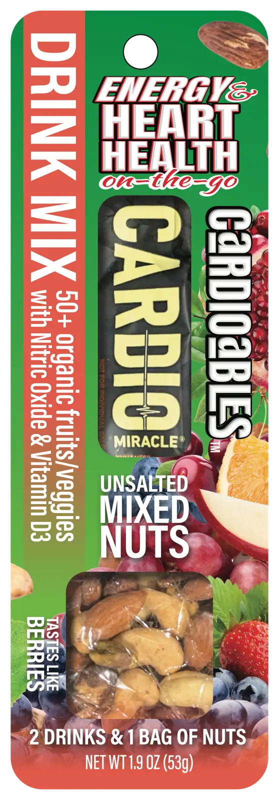 Cardioables pack: Cardio Miracle drink mix sticks and unsalted mixed nuts, net weight 1.9 ounces