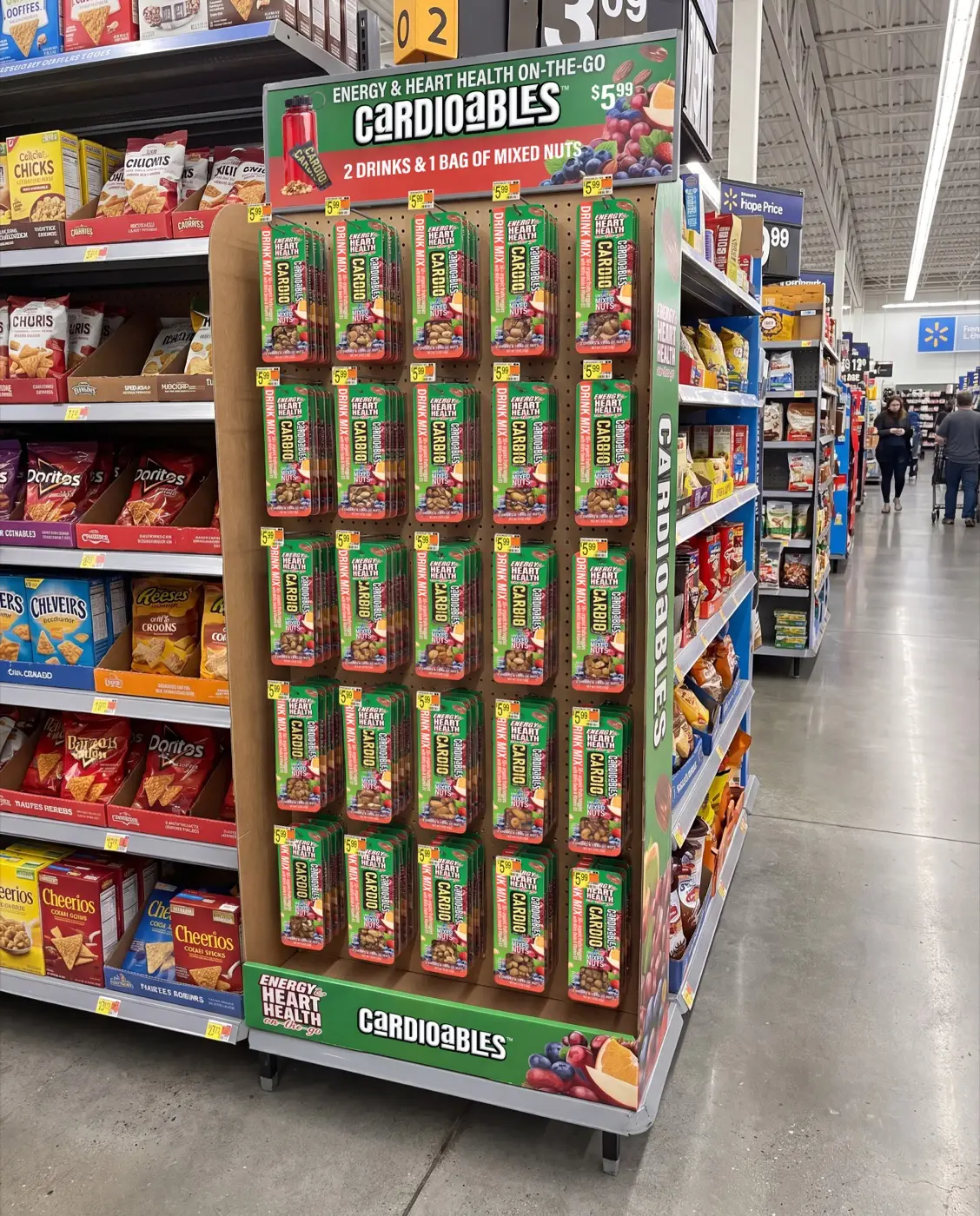 A Cardioables endcap display in a snack aisle