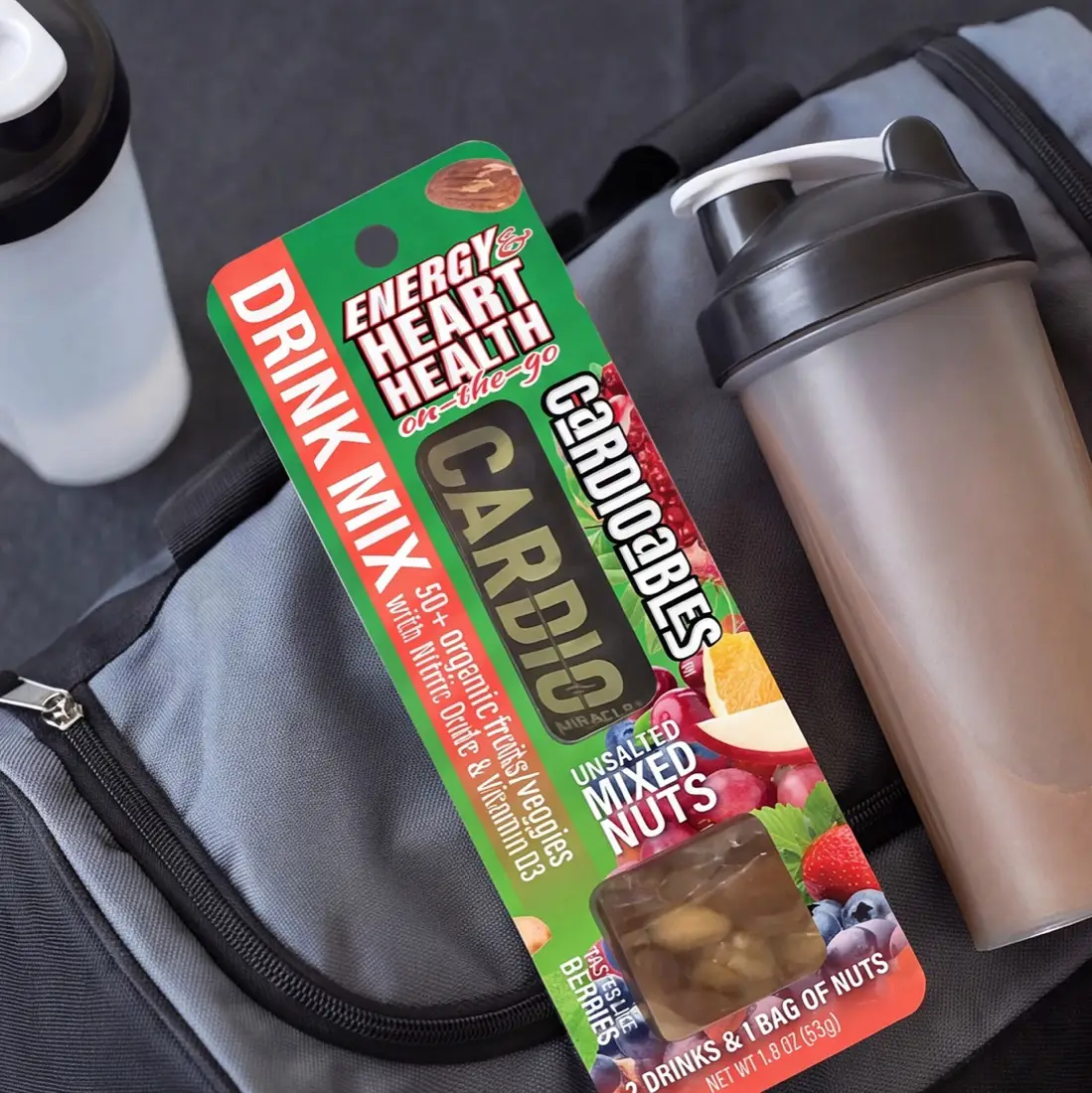A Cardioables pack on a gym bag beside a shaker bottle