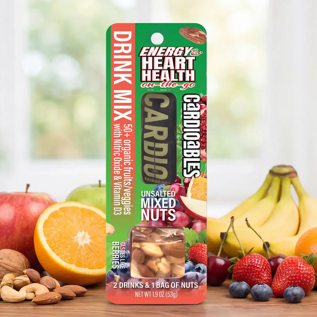 A Cardioables pack standing among fresh fruit and nuts in a kitchen