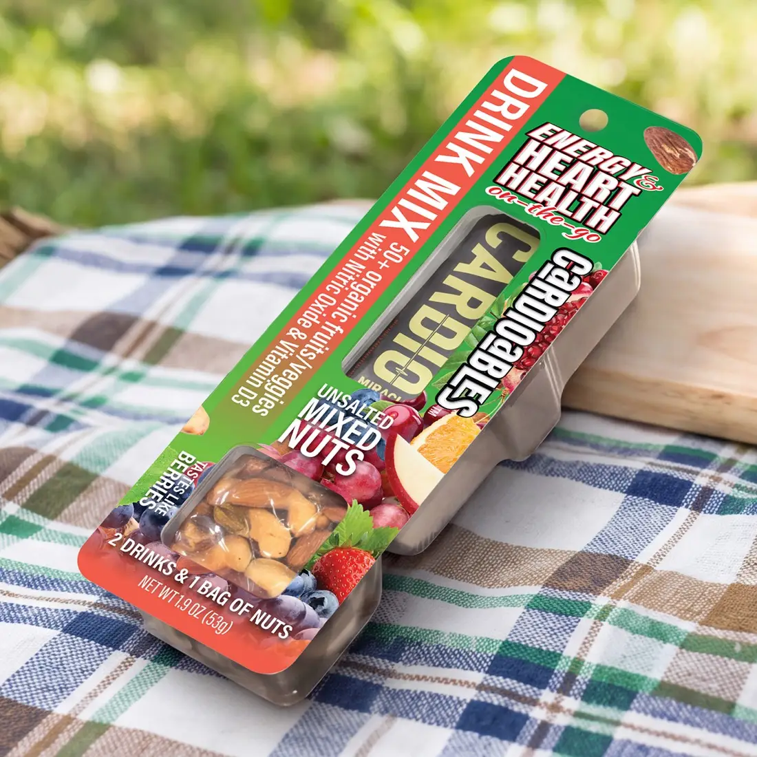 A Cardioables pack on a picnic blanket
